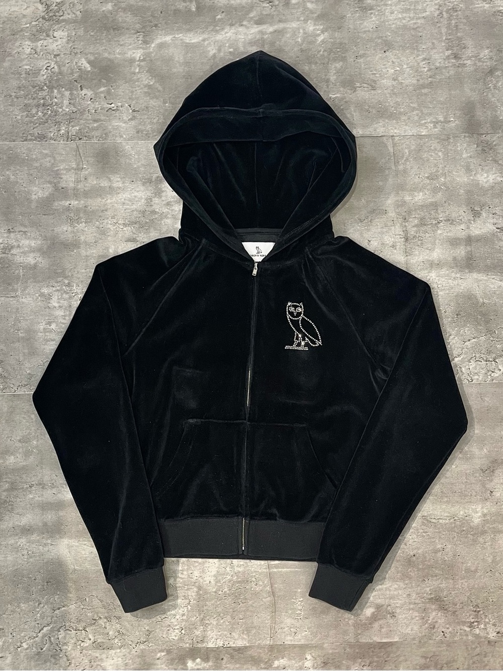OVO Owl Velour Zip Hoodie Black Rhinestone Womens Small